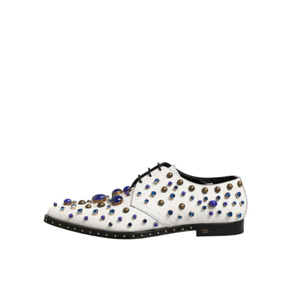 Dolce & Gabbana White Leather Crystals Embellished Dress Shoes featuring multicolor crystal details, ideal for formal occasions.