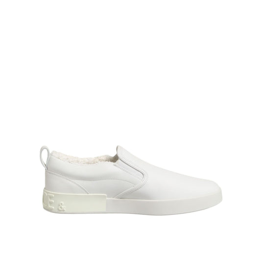 Dolce & Gabbana White Leather Low Top Slip On Sneakers Shoes with smooth leather and elastic side panels for effortless style.