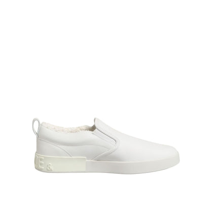 Dolce & Gabbana White Leather Low Top Slip On Sneakers Shoes with rubber sole and logo detail, perfect for casual elegance.