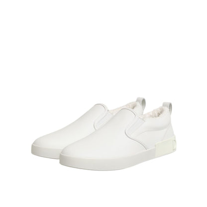 Dolce & Gabbana White Leather Low Top Slip On Sneakers Shoes with rubber sole and logo details, ideal for effortless style and comfort.