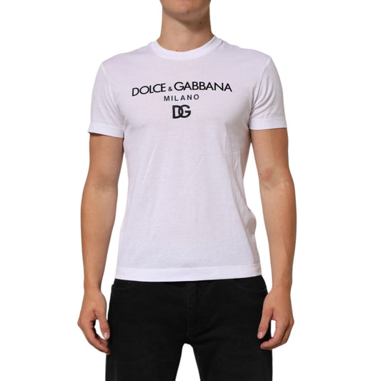 Dolce & Gabbana White Logo Print Cotton Men Crew Neck T-shirt displayed on model front view.