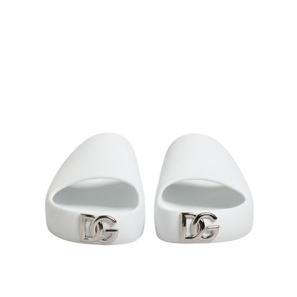 Dolce & Gabbana White Logo Slides Sandals Men Beachwear Shoes with DG logo, perfect for beachwear and casual looks