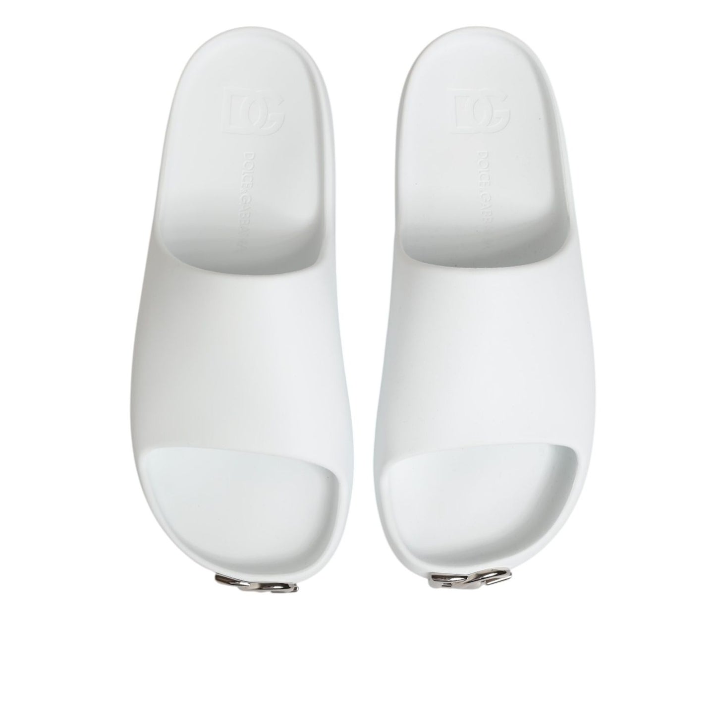 Dolce & Gabbana White Logo Slides Sandals Men Beachwear Shoes with rubber sole displayed top view.