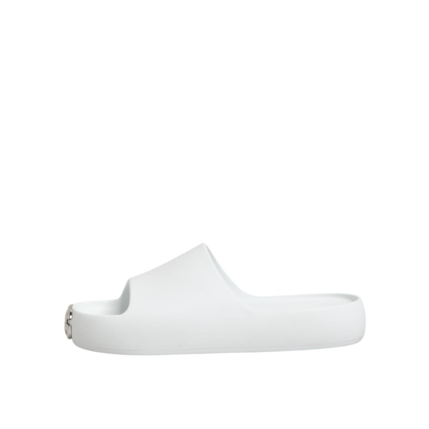 Dolce & Gabbana White Logo Slides Sandals Men Beachwear Shoes with rubber sole and molded footbed, perfect for casual looks.