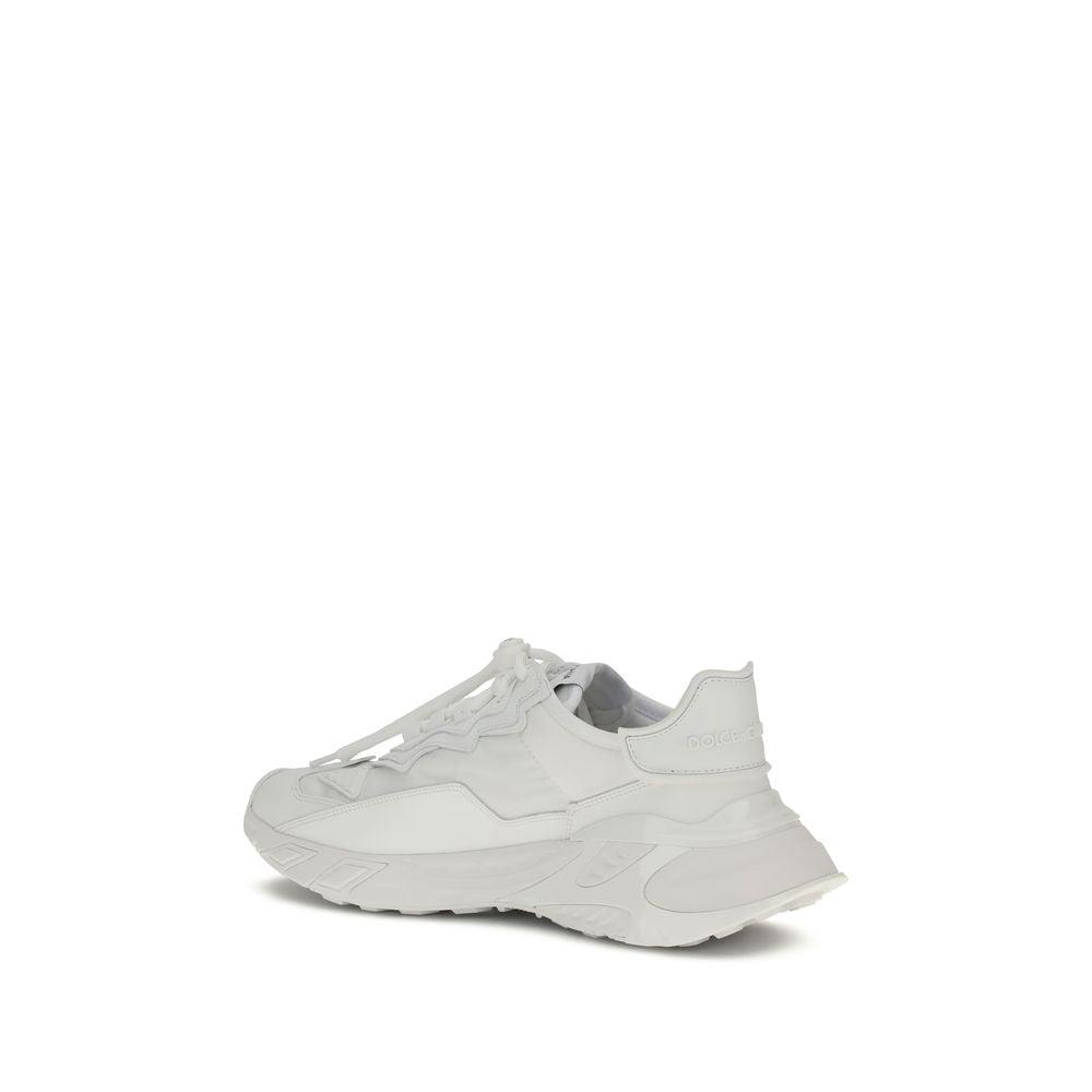 Dolce & Gabbana White Polyamide Athletic Sneakers with rubber sole, lace-up closure, side view showcasing distinctive DG patch.
