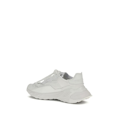Dolce & Gabbana White Polyamide Athletic Sneakers with rubber sole, lace-up closure, side view showcasing distinctive DG patch.