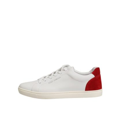 Dolce & Gabbana White Red Leather Low Top Men Sneakers Shoes featuring white leather and red accents with lace-up closure and rubber sole.