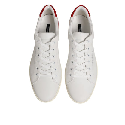 Dolce & Gabbana White Red Leather Low Top Men Sneakers Shoes, white lace-up sneakers with red accents, top view, crafted from premium leather.