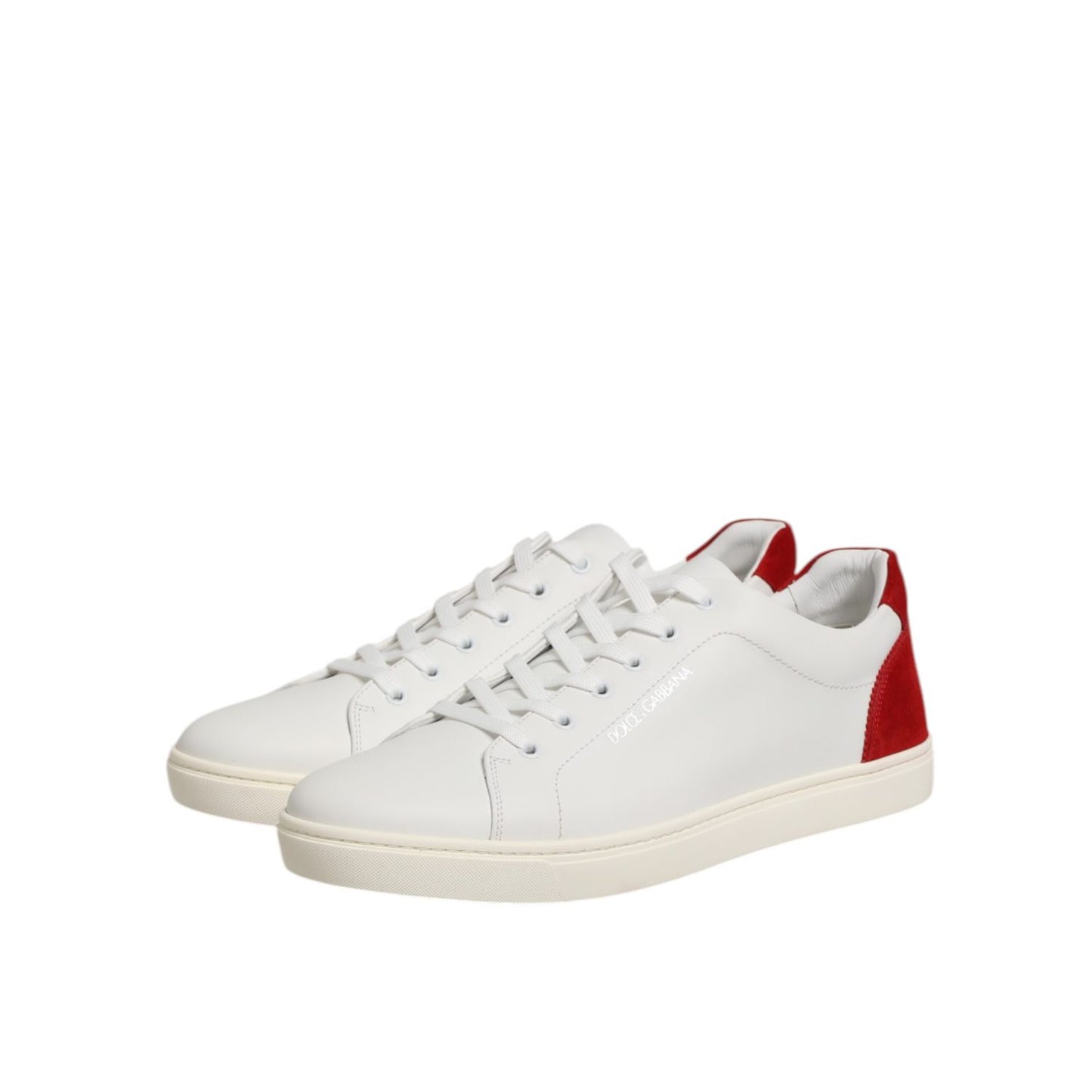 Dolce & Gabbana White Red Leather Low Top Men Sneakers Shoes with premium white leather and bold red accents.