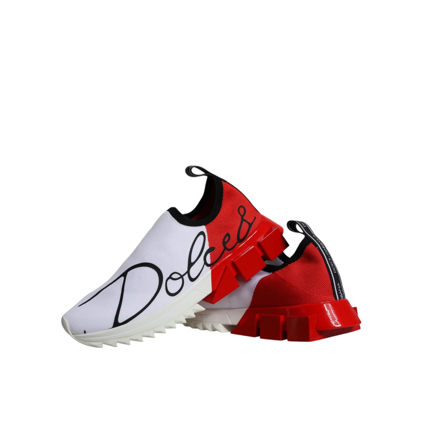 Dolce & Gabbana White Red Low Top Sorrento Men Sneakers Shoes with logo details and rubber sole, featuring slight stain on left shoe.