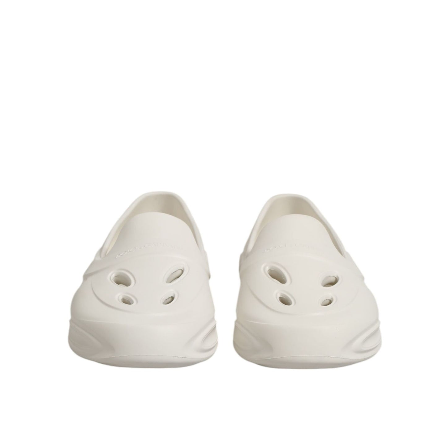 Front view of Dolce & Gabbana White Rubber Slides Low Top Sneakers Shoes with perforated design.