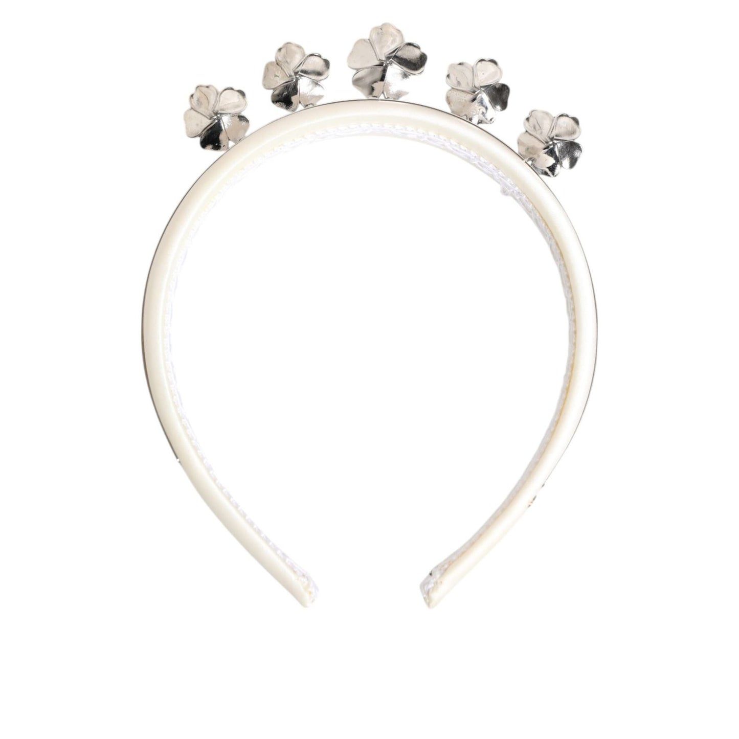 Dolce & Gabbana White Satin Palladium Silver Floral Crown Tiara Headband with crystals and pearls, perfect for elegant occasions.