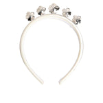 Dolce & Gabbana White Satin Palladium Silver Floral Crown Tiara Headband with crystals and pearls, perfect for elegant occasions.