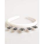 Dolce & Gabbana White Satin Palladium Silver Floral Crown Tiara Headband with pearls and crystals on display