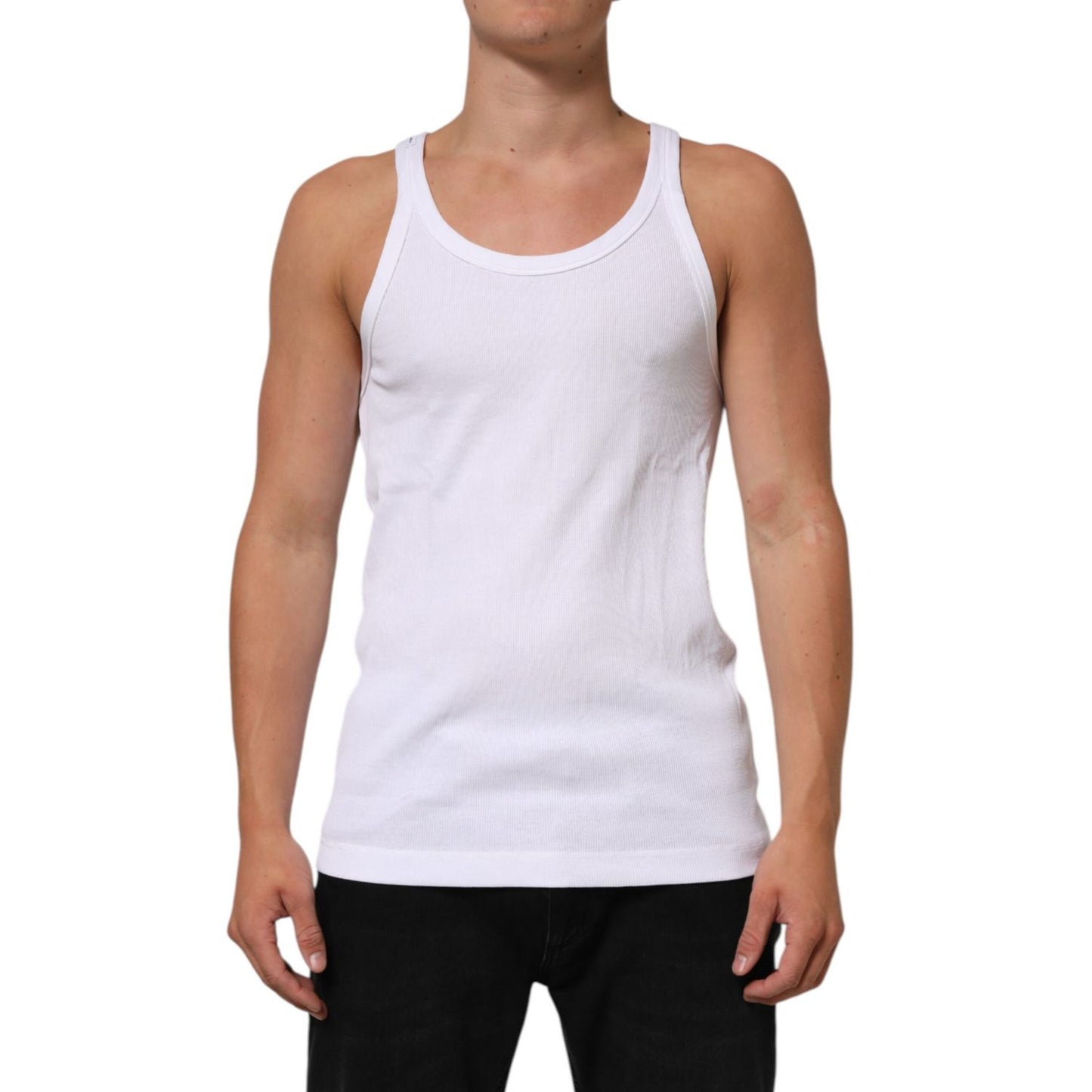 Dolce & Gabbana White Sleeveless Round Neck Tank T-shirt with minor stain, breathable cotton, displayed on model.