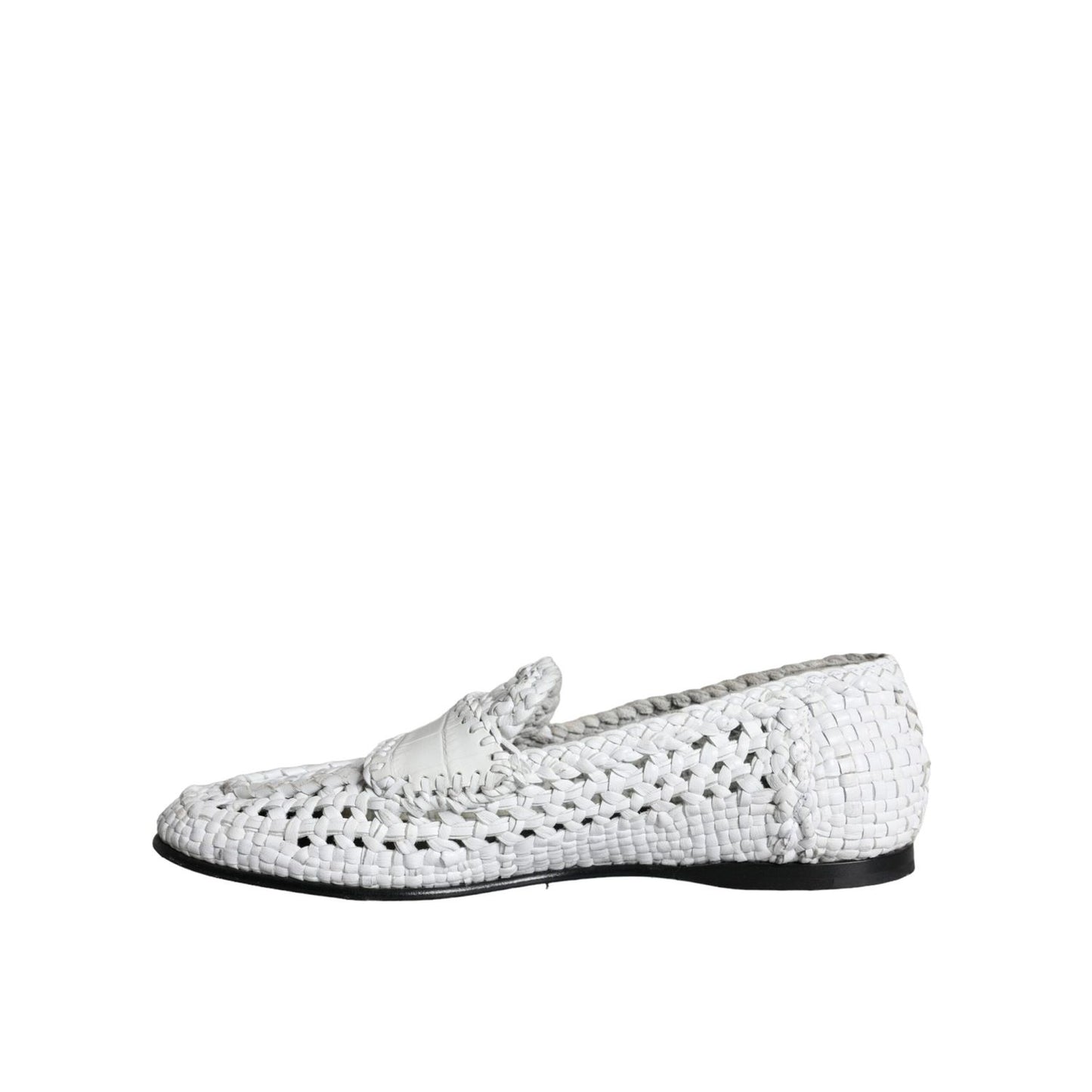 Dolce & Gabbana White Woven Leather Slip On Loafers Men Shoes, preowned with very minor wear, exclusive design, showing side view.