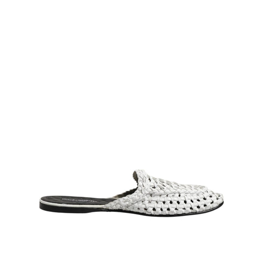 Dolce & Gabbana White Woven Slides MULES Men Sandals Shoes with open-toe and slip-on design, crafted from goat and leather materials.