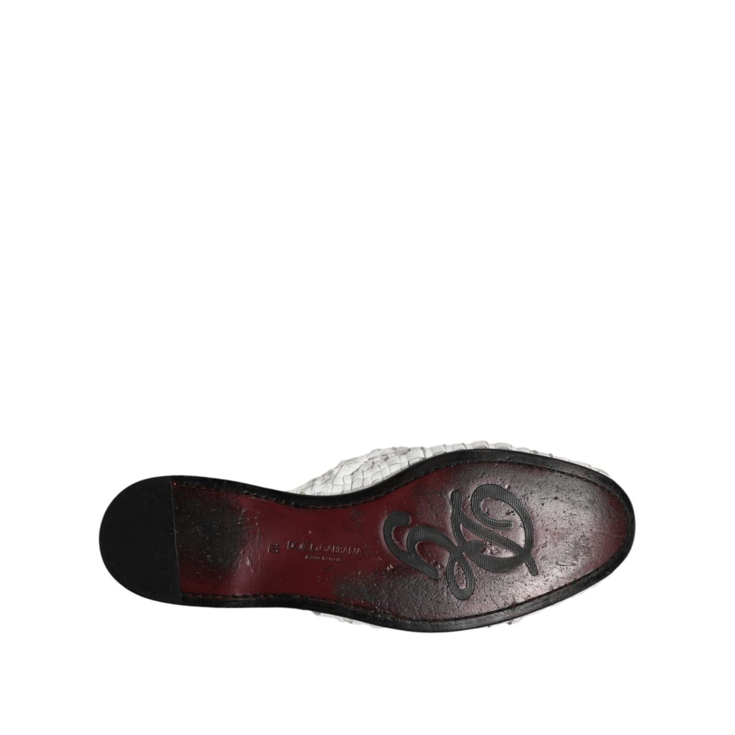 Sole view of Dolce & Gabbana White Woven Slides MULES Men Sandals Shoes showcasing logo details.