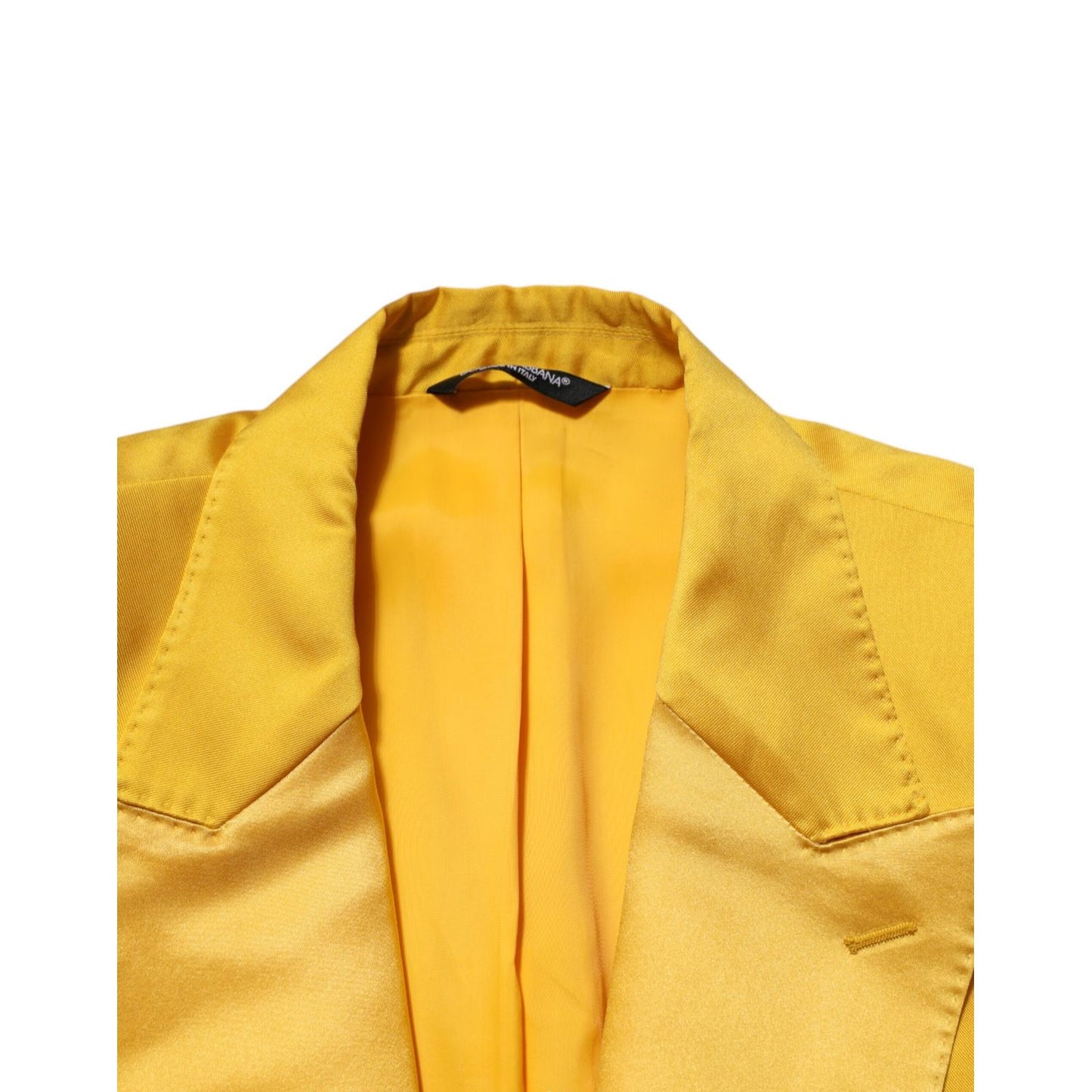 Dolce & Gabbana Yellow 2 Piece Silk Blend Men Suit SICILIA closeup on collar and lapel, luxurious Italian tailoring