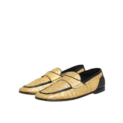 Dolce & Gabbana Yellow Black Leather Slip On Loafers Shoes, luxurious Italian design, premium ostrich and calf leather, high-fashion footwear.