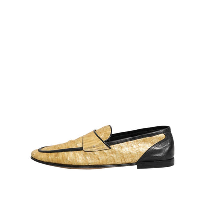 Dolce & Gabbana Yellow Black Leather Slip On Loafers Shoes, premium Italian fashion footwear in striking color block design.