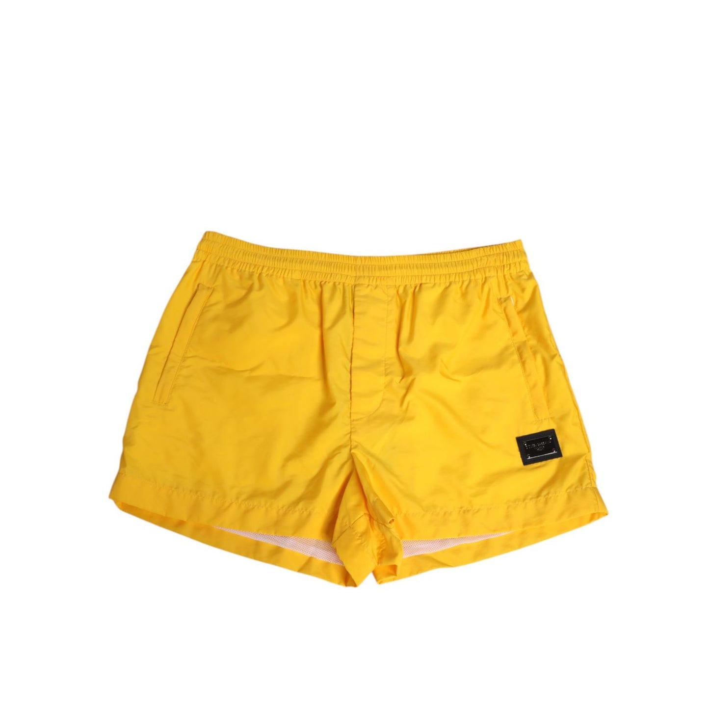 Dolce & Gabbana Yellow Nylon Logo Plaque Boxer Shorts Swimwear with logo plaque, perfect for beach and summer, elastic waistband.