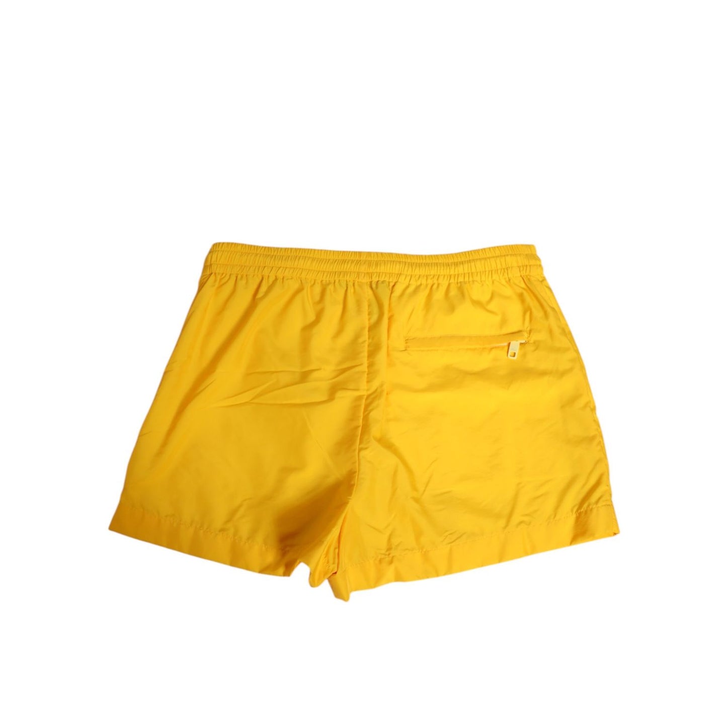 Dolce & Gabbana Yellow Nylon Logo Plaque Boxer Shorts Swimwear back view, elastic waistband, zip pocket, stylish beachwear shorts.