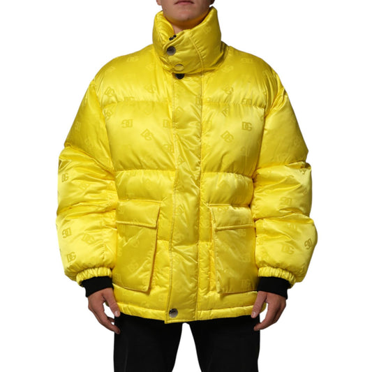 Dolce & Gabbana Yellow Nylon Logo Puffer Bomber Men Jacket with high collar and oversized pockets, showcasing luxury and warmth.
