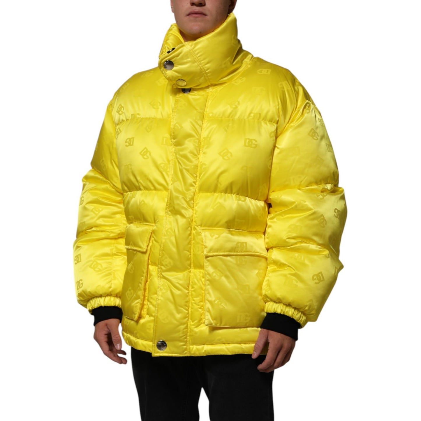 Dolce & Gabbana Yellow Nylon Logo Puffer Bomber Men Jacket front view with high collar and oversized pockets.