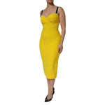Dolce & Gabbana Yellow Polyester Sleeveless Sheath Midi Dress on model, elegant design for versatile styling and day-to-night wear.