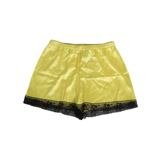 Dolce & Gabbana Yellow Satin Silk Mid Waist Underwear Shorts with black lace trim, crafted for elegance and comfort.