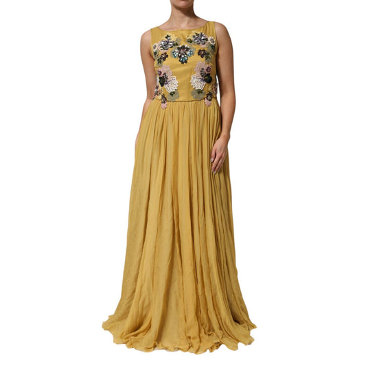 Dolce & Gabbana Yellow Silk Floral Embroidered Maxi Dress with crystal embellishments, sleeveless chiffon gown for special occasions.