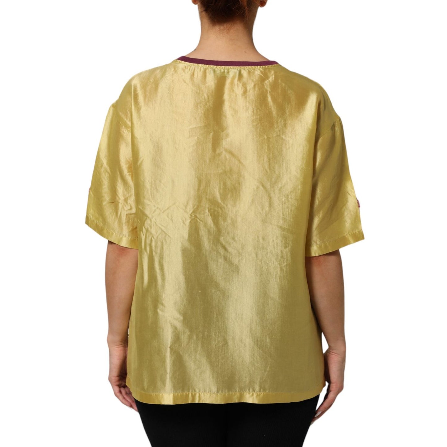Dolce & Gabbana Yellow Silk Satin Floral Lace Short Sleeves Top