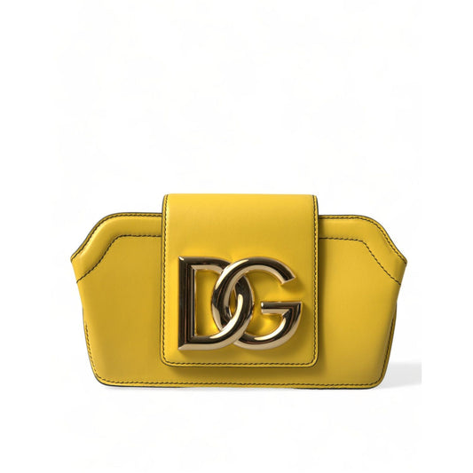 Dolce & Gabbana Yellow Smooth Leather DG Logo Clutch Crossbody Case Bag featuring gold-tone logo on the front flap.
