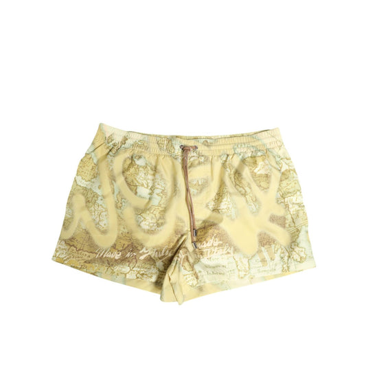 Dolce & Gabbana Yellow World Map Polyester Elastic Waistband Swimwear with graffiti details, featuring drawstring and logo.