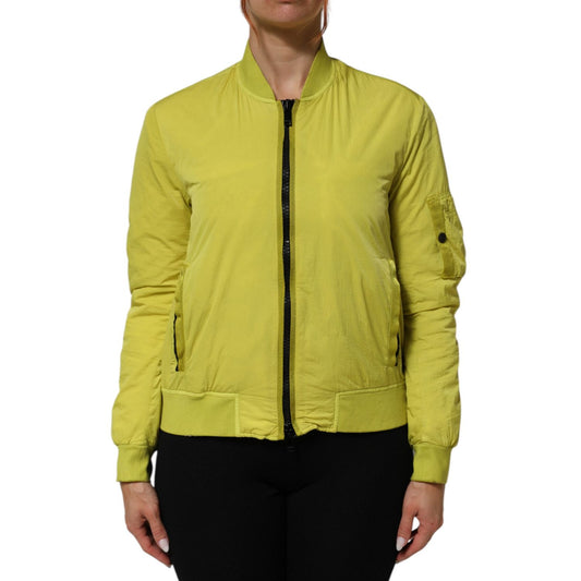 Dondup Yellow Polyamide Zipper Bomber Women’s Jacket with ribbed trims and zip closure, displayed on model, crafted in Italy.
