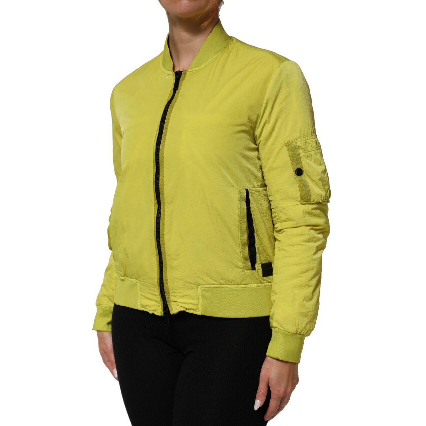 Dondup Yellow Polyamide Zipper Bomber Women’s Jacket, lightweight with ribbed trims, shown on model front view.