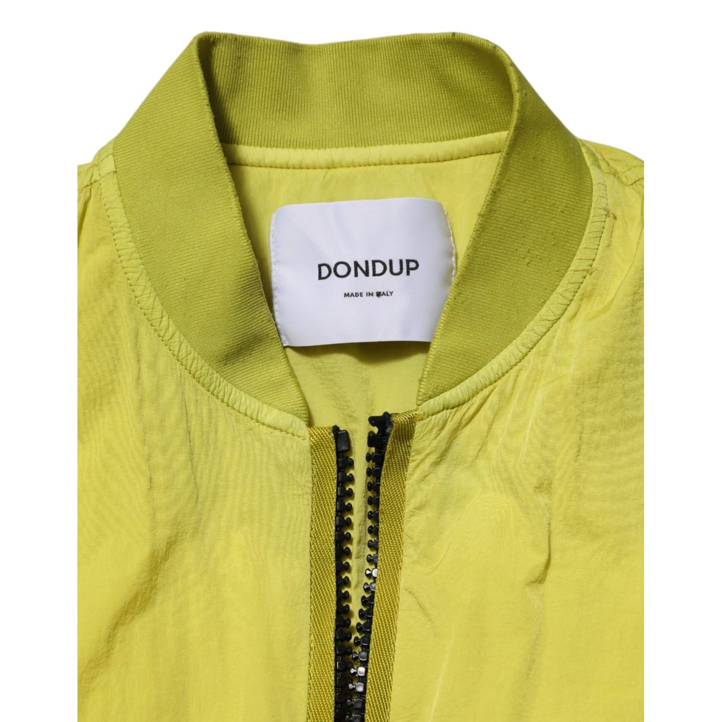 Close-up of Dondup Yellow Polyamide Zipper Bomber Women’s Jacket with visible brand label and zip detailing.