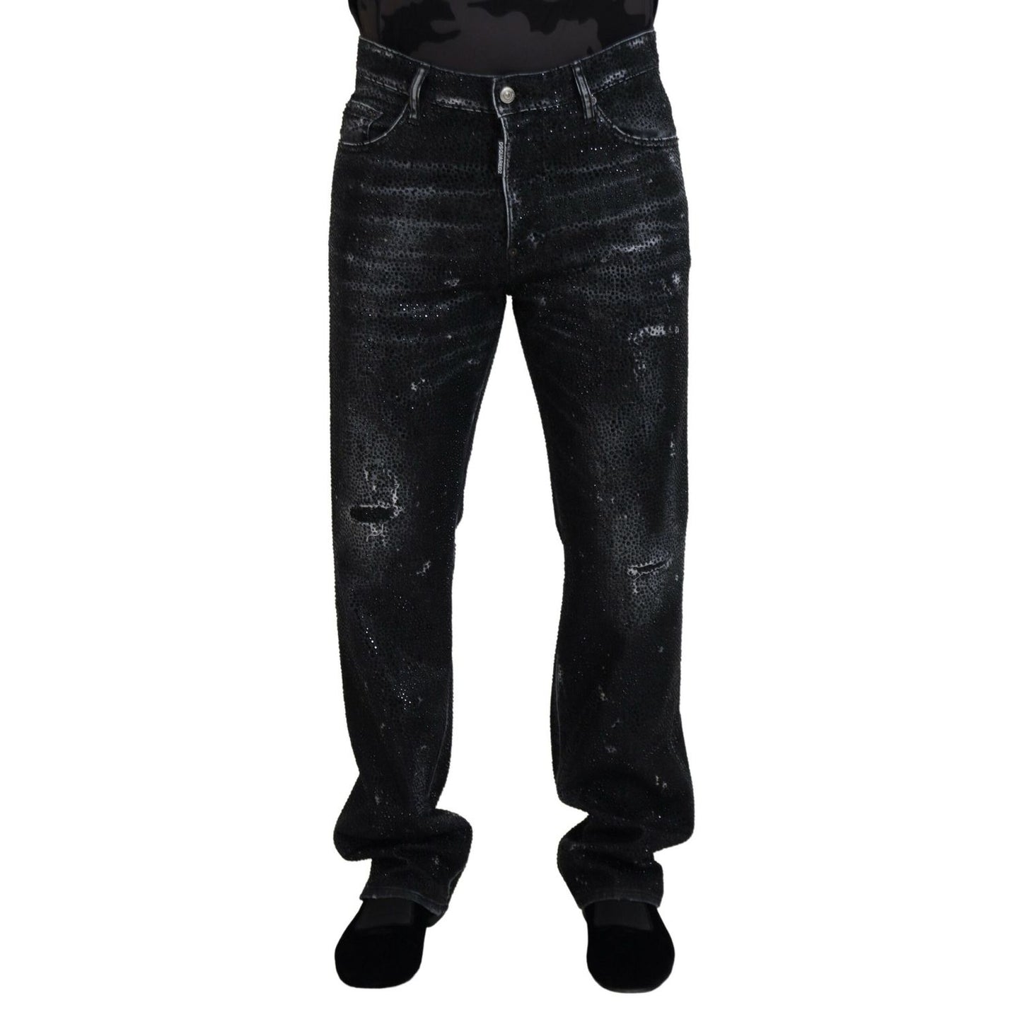 Dsquared² Black Crystal Embellished Tattered Denim Jeans