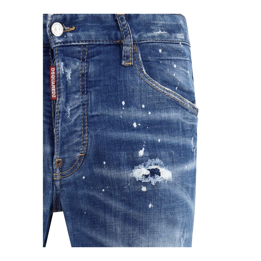 Close-up of Dsquared² Blue Cotton Slim Fit Jeans with worn-effect details and logo patch.