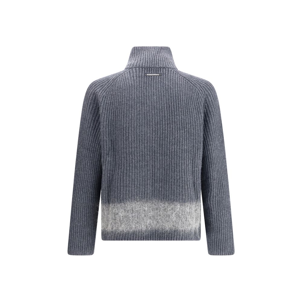 Dsquared² Gray Wool Cardigan with ribbed knit, high collar, and mohair band, featuring sporty design and double-slider front zipper closure.
