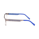 Side view of Dsquared² Silver Metal Frames with blue temple tips and engraved logo, model DQ5097-015-54, dimensions 54/17/140mm.
