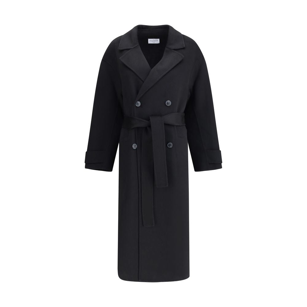 Dynamis Studio Black Wool Coat, double-breasted design with built-in waist belt, classic lapels, and front button closure, 100% wool.