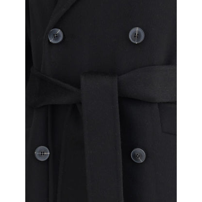 Close-up of Dynamis Studio Black Wool Coat featuring double-breasted buttons and a built-in waist belt.