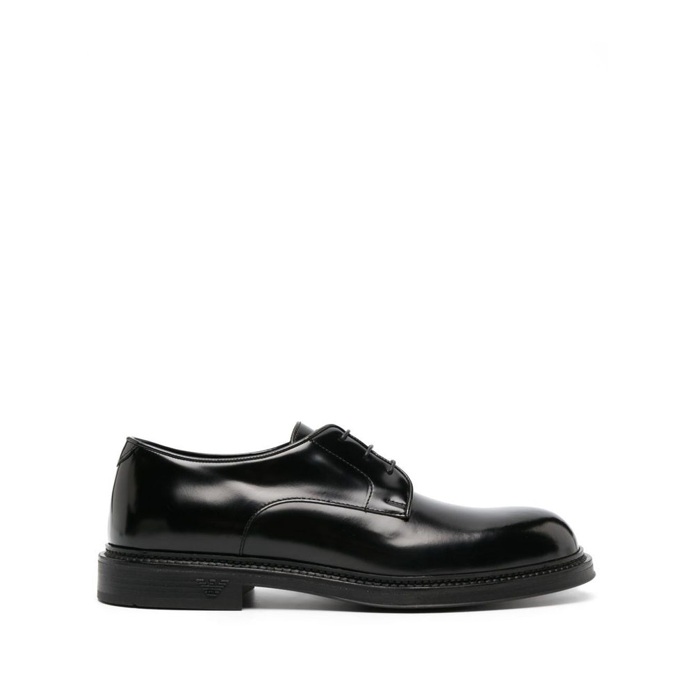 EMPORIO ARMANI EXCLUSIVE Derby shoes in buffed leather with patent finish, black calf leather, panelled design, 35mm stacked heel.