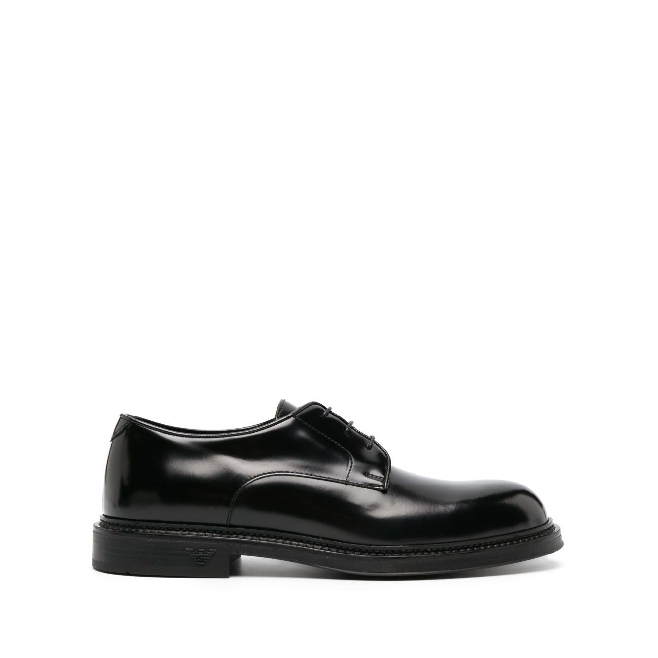 EMPORIO ARMANI EXCLUSIVE Derby shoes in buffed leather with patent finish, black calf leather, panelled design, 35mm stacked heel.