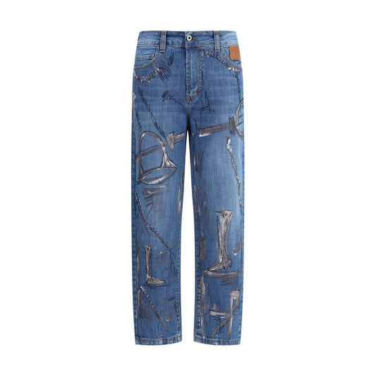Ella Blue Cotton Slim Fit Jeans with paint splatter details and five-pocket design for a contemporary look.