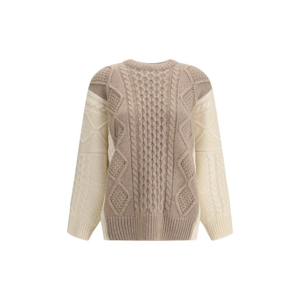Ella Cream Cashmere Cashmere Sweater with two-tone cable-knit design, ribbed crewneck, hem, and cuffs for winter elegance.