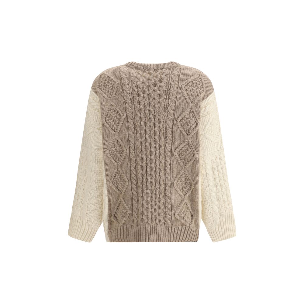 Ella Cream Cashmere Cashmere Sweater with two-tone cable-knit design, ribbed crewneck, hem, and cuffs, elegant winter fashion.