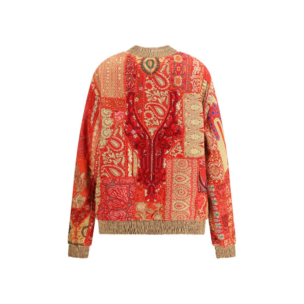 Ella Multicolor Cotton Bomber with red patchwork design and embroidered details showing back view.
